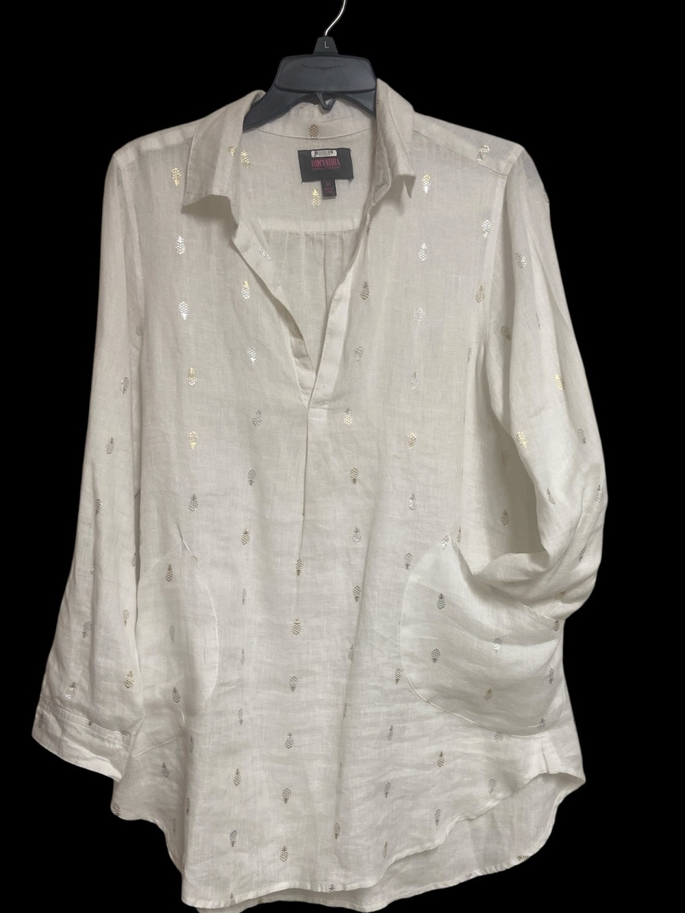 NWOT For Cynthia Beachwear Top Tunic Coverup White Linen Metallic Pattern Size M